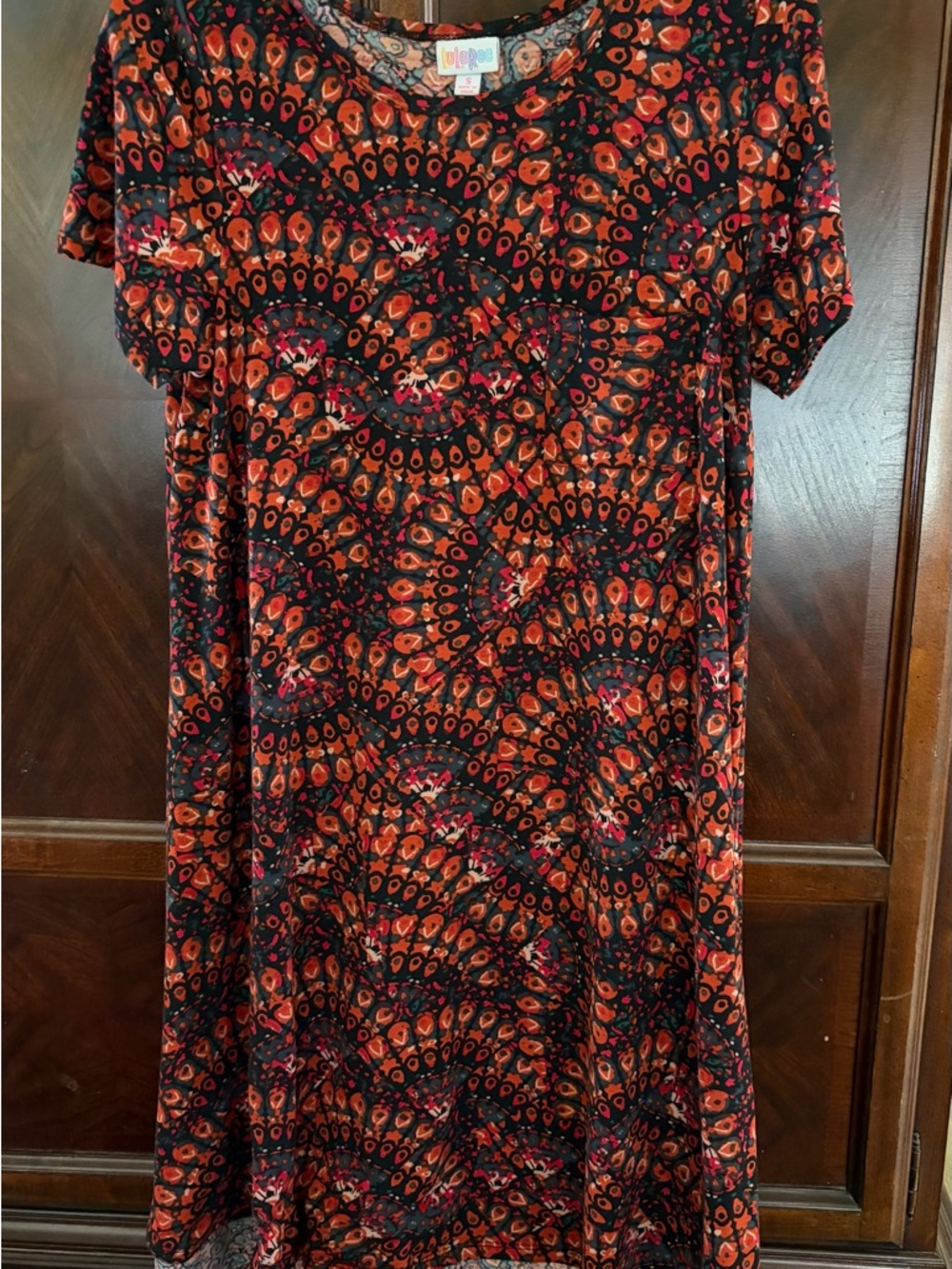 LuLaRoe Women's Asymmetrical Dress - Black & Orange Fan Mosaic